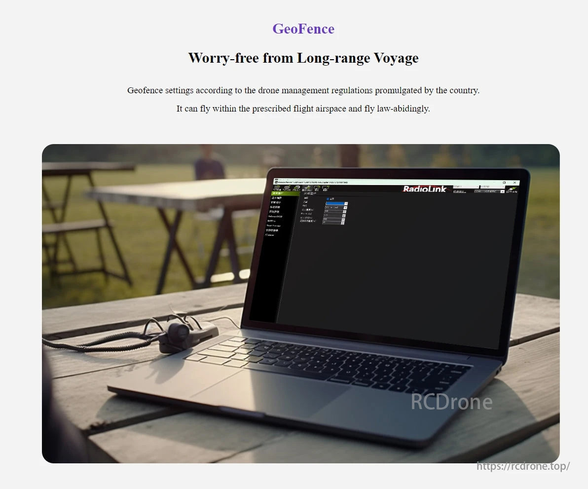 Radiolink CrossRace V2.0 Flight Controller, GeoFence allows legal, long-range drone flights by adhering to airspace regulations and displaying flight data on a laptop interface.