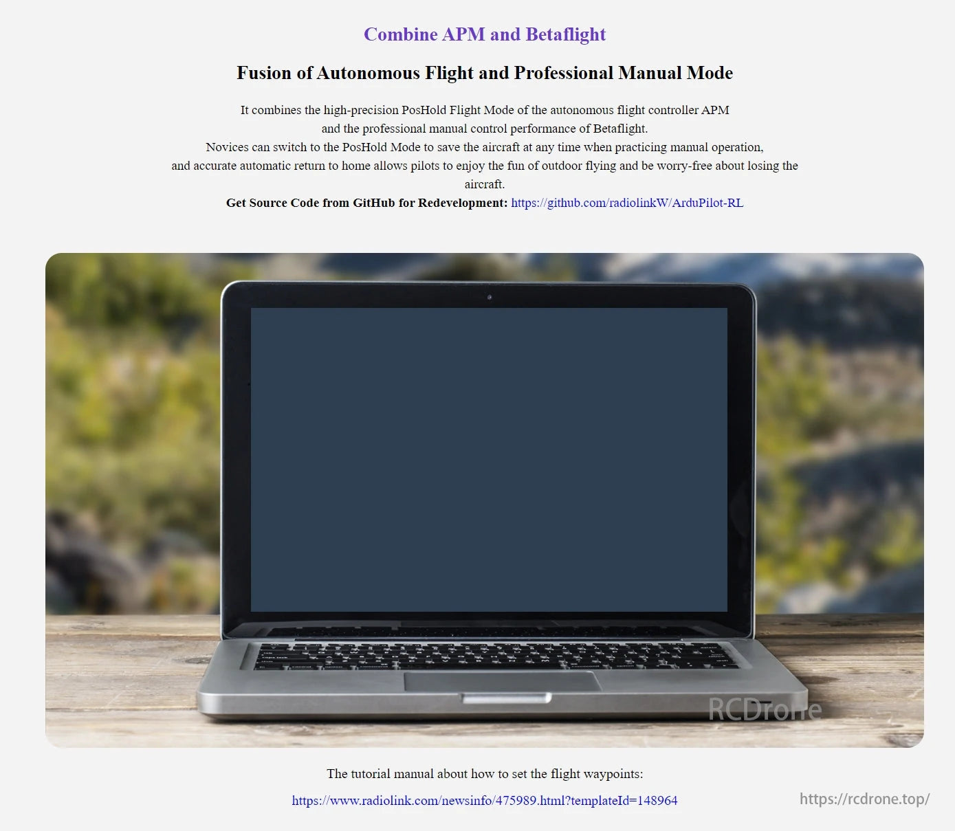 Radiolink CrossRace V2.0 Flight Controller, Combine APM and Betaflight for autonomous/manual flight. Novices use PosHold Mode. Get code from GitHub. Tutorial available for waypoints setup.