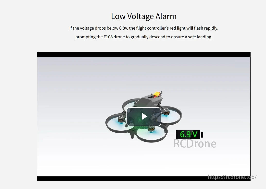 Radiolink F108 165g Optical Flow FPV, The flight controller's red light flashes when voltage drops below 6.8V, ensuring safe landing.
