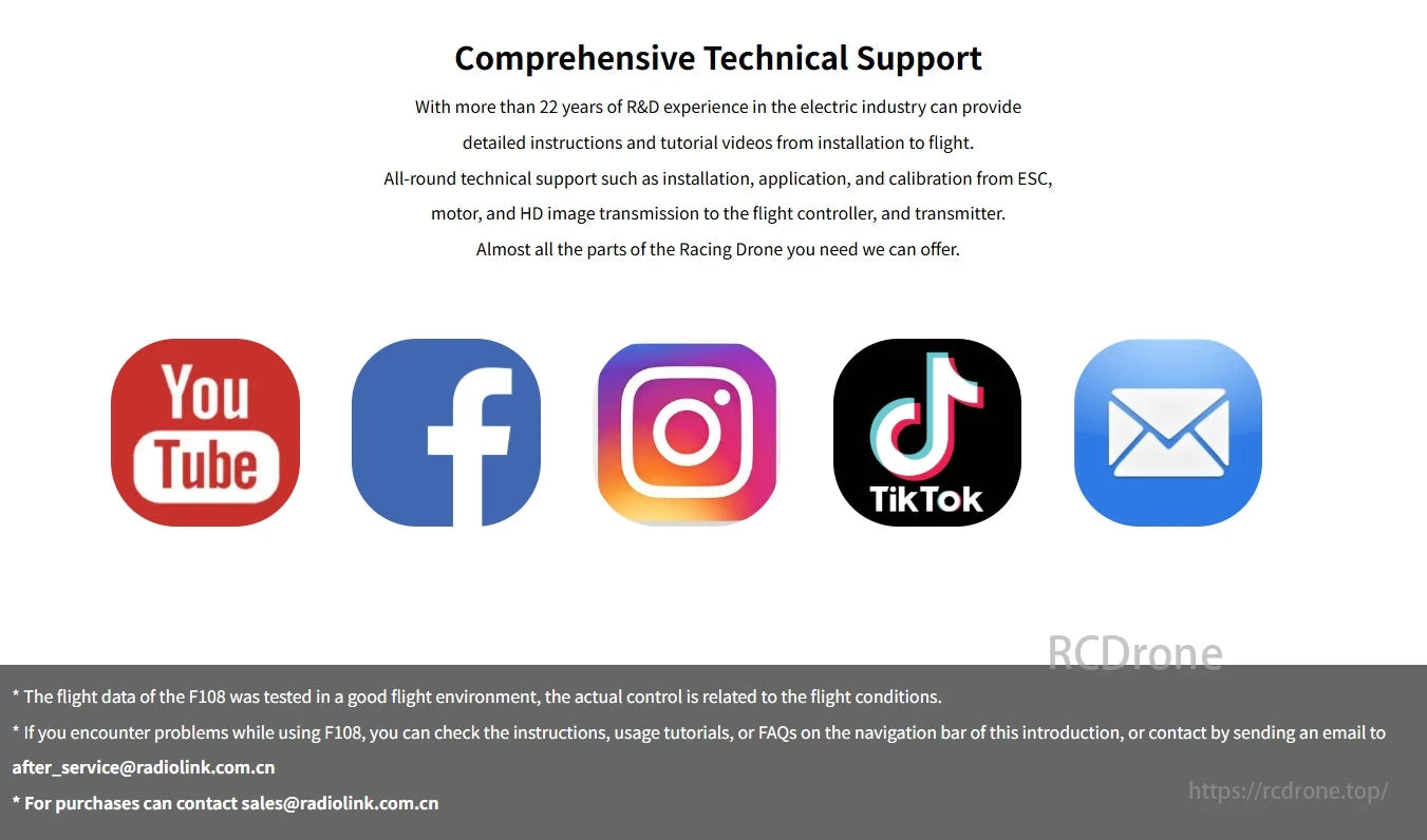 Radiolink F108 165g Optical Flow FPV, Radiolink F108 technical support offers setup guides, tutorials, and assistance via social media or email.