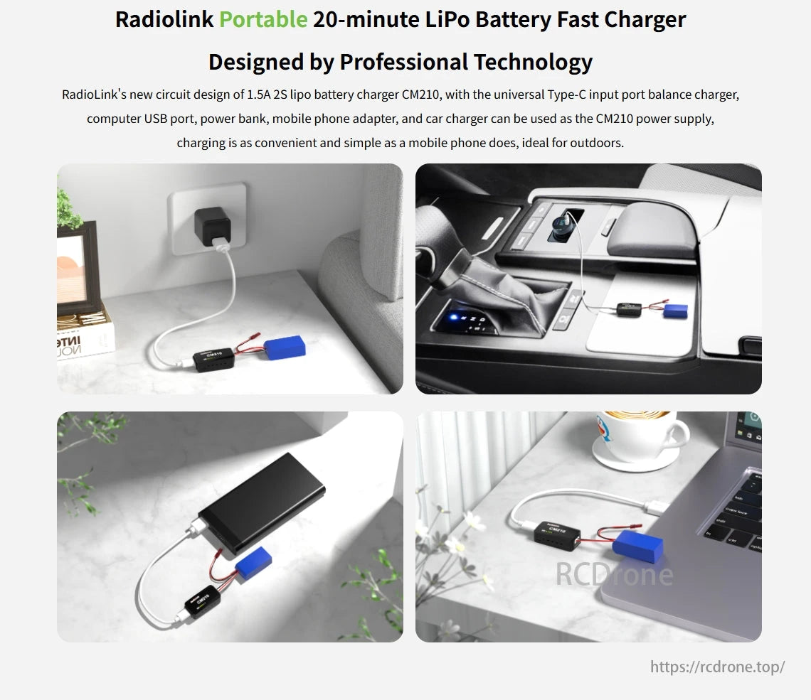 Radiolink F108 165g Optical Flow FPV, Portable drone with 20-minute battery life, fast charger, and multiple adapters for outdoor use.