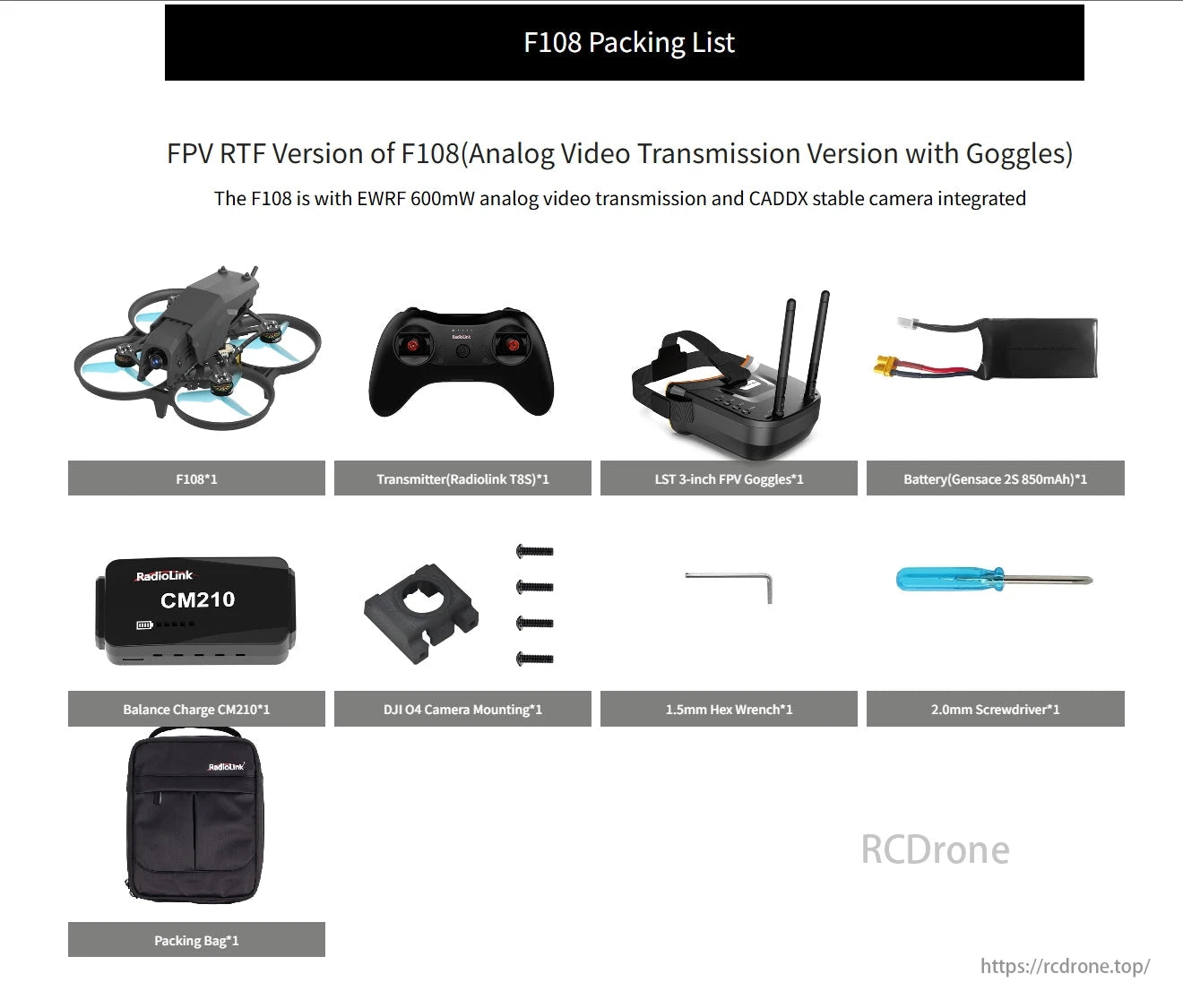 Radiolink F108 165g Optical Flow FPV, F108 Packing List includes EWRF transmission, camera, and Radiolink transmitter, along with LST goggles, batteries, chargers, and accessories.