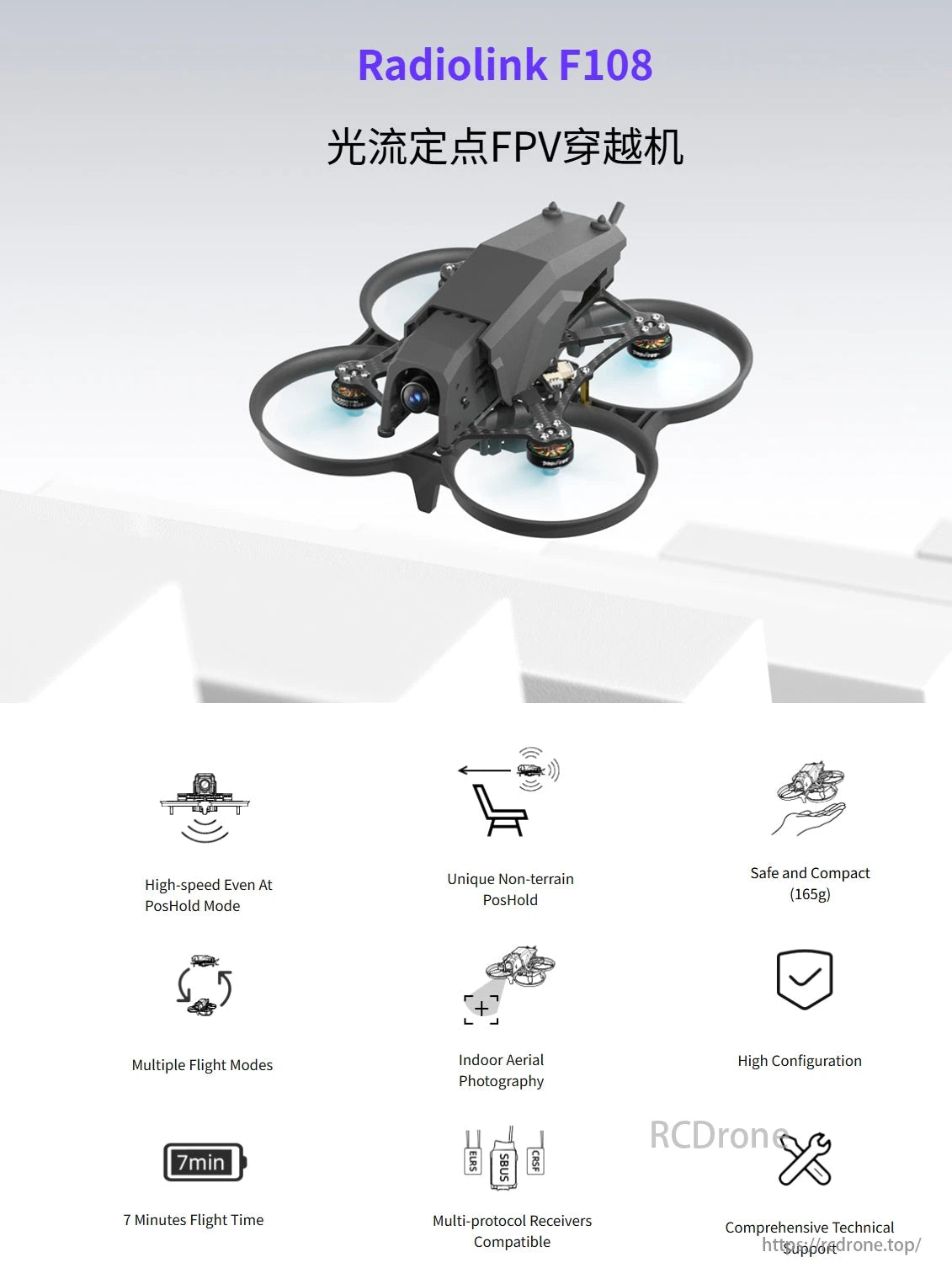Radiolink F108 165g Optical Flow FPV, Radiolink F108 FPV drone: 165g, fast PosHold mode, multiple flight modes, indoor use, 7-minute flight time, multi-protocol support, safe, no terrain stability.