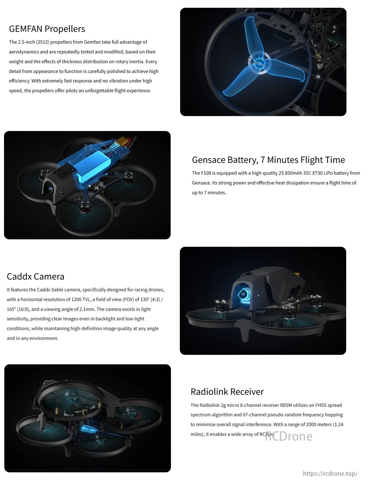 Radiolink F108 165g Optical Flow FPV, Gemfan props, Gensace battery (7 mins), Caddx camera (1200 TVL), Radiolink receiver (2000m). Perfect for efficient, clear FPV racing.