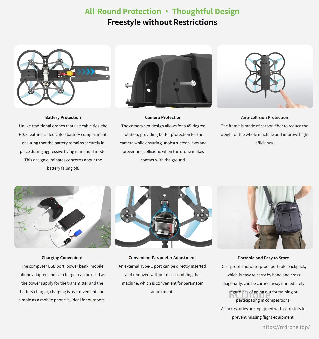 Radiolink F108 165g Optical Flow FPV, Radiolink F108 provides comprehensive protection with battery, camera, and anti-collision features, plus convenient charging, adjustable settings, and a portable, waterproof backpack.