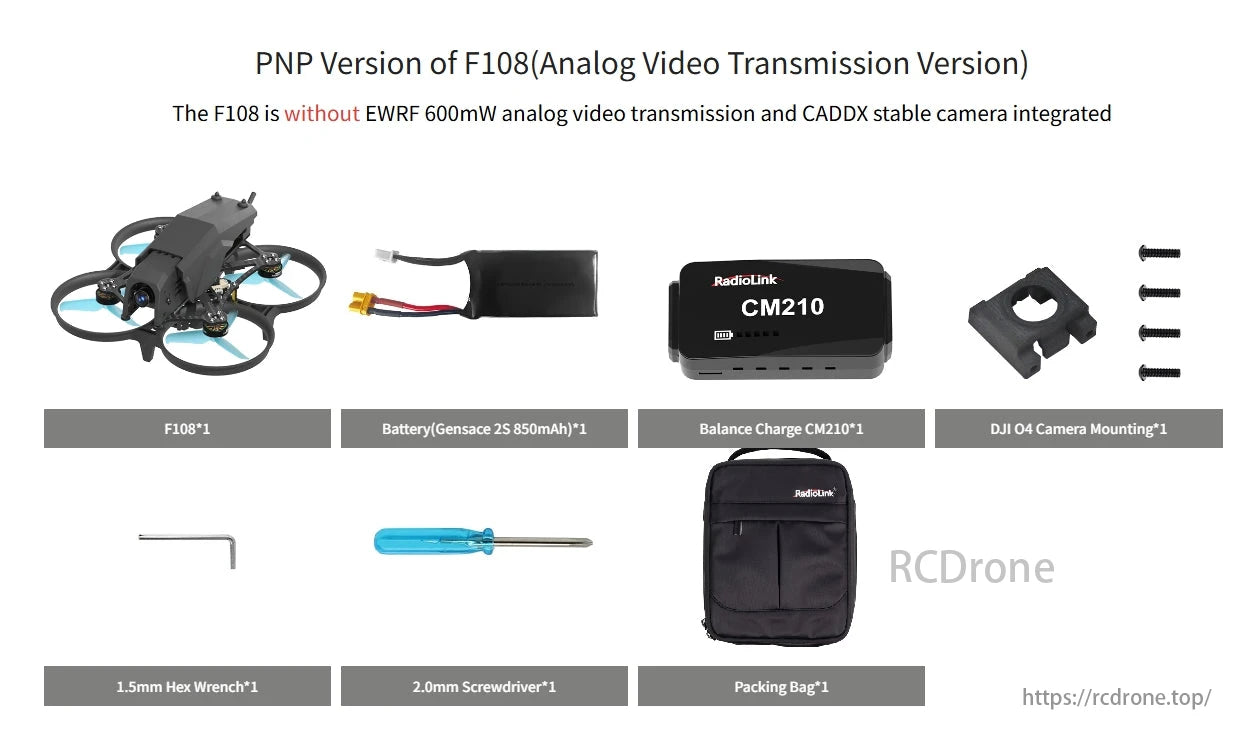 Radiolink F108 165g Optical Flow FPV, Radiolink F108 product includes optical flow FPV with stable camera and accessories for installation and maintenance.