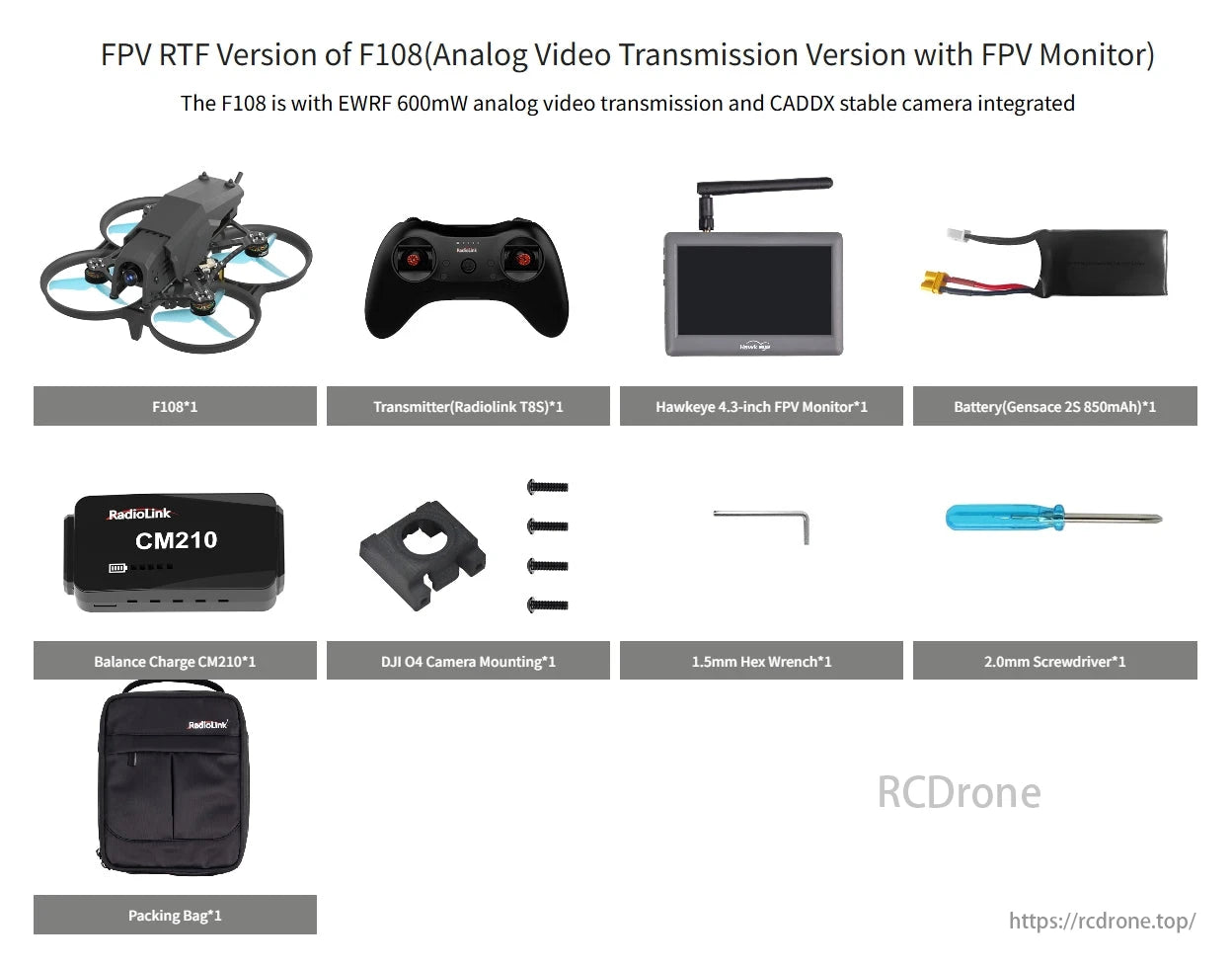 Radiolink F108 165g Optical Flow FPV, The F108 FPV RTF package includes the drone, transmitter, monitor, battery, charger, camera mount, tools, and a carrying bag.