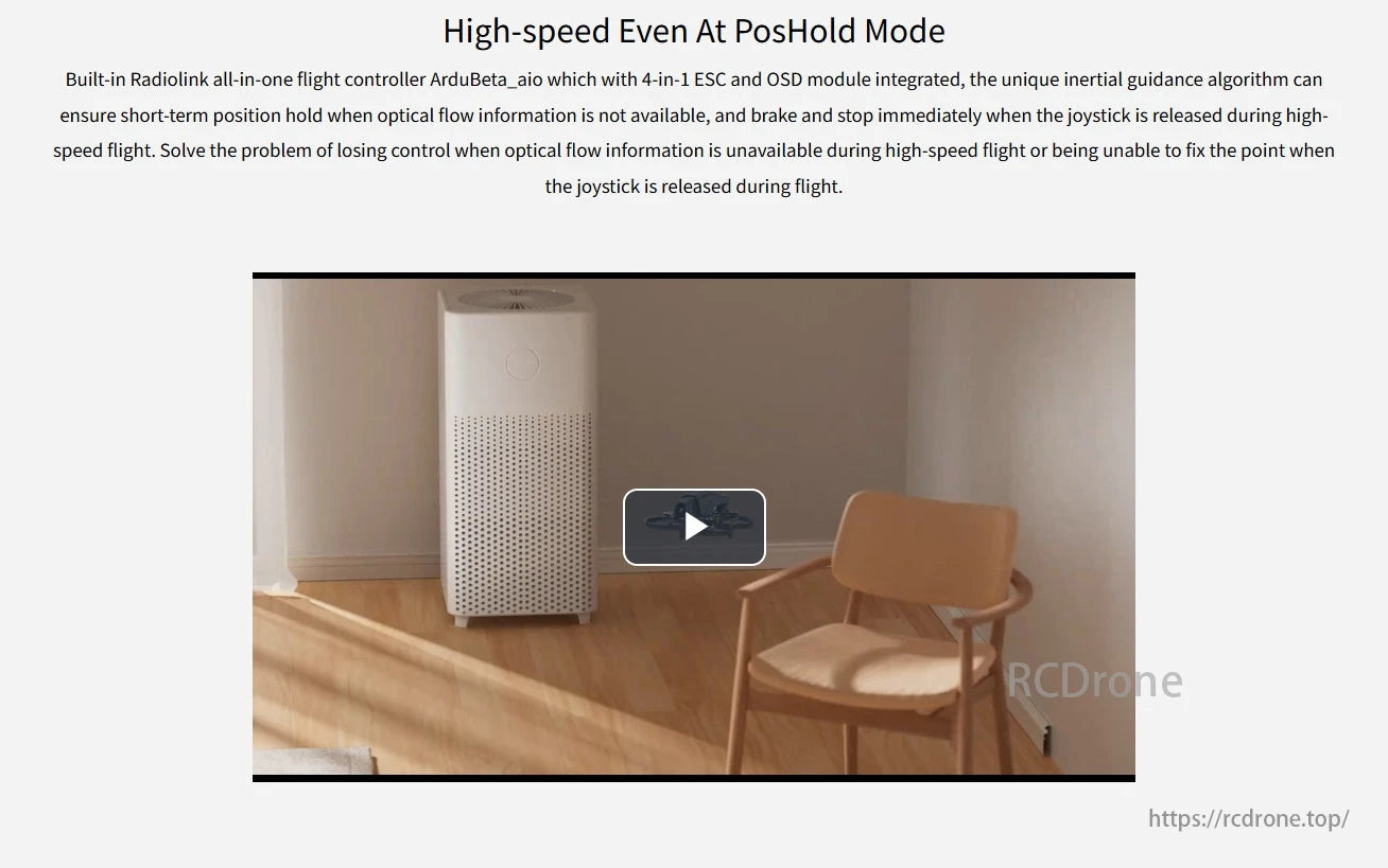 Radiolink F108 165g Optical Flow FPV, High-speed flight with position hold, integrated flight controller, inertial guidance, and modern design.