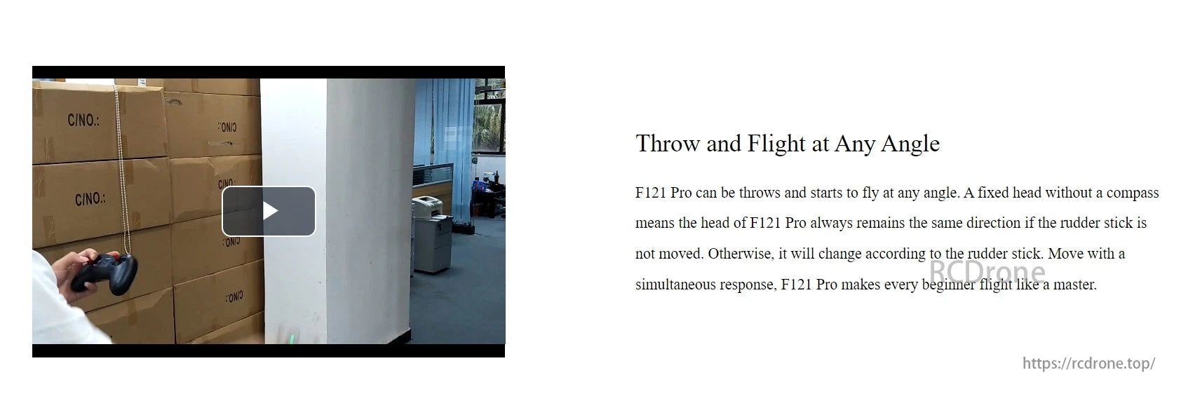 RadioLink F121 Pro 2KM FPV Racing Drone, The F121 Pro drone allows throw-and-go flight at any angle, offers smooth control, and enhances the experience for beginners with its responsive handling and fixed head direction.