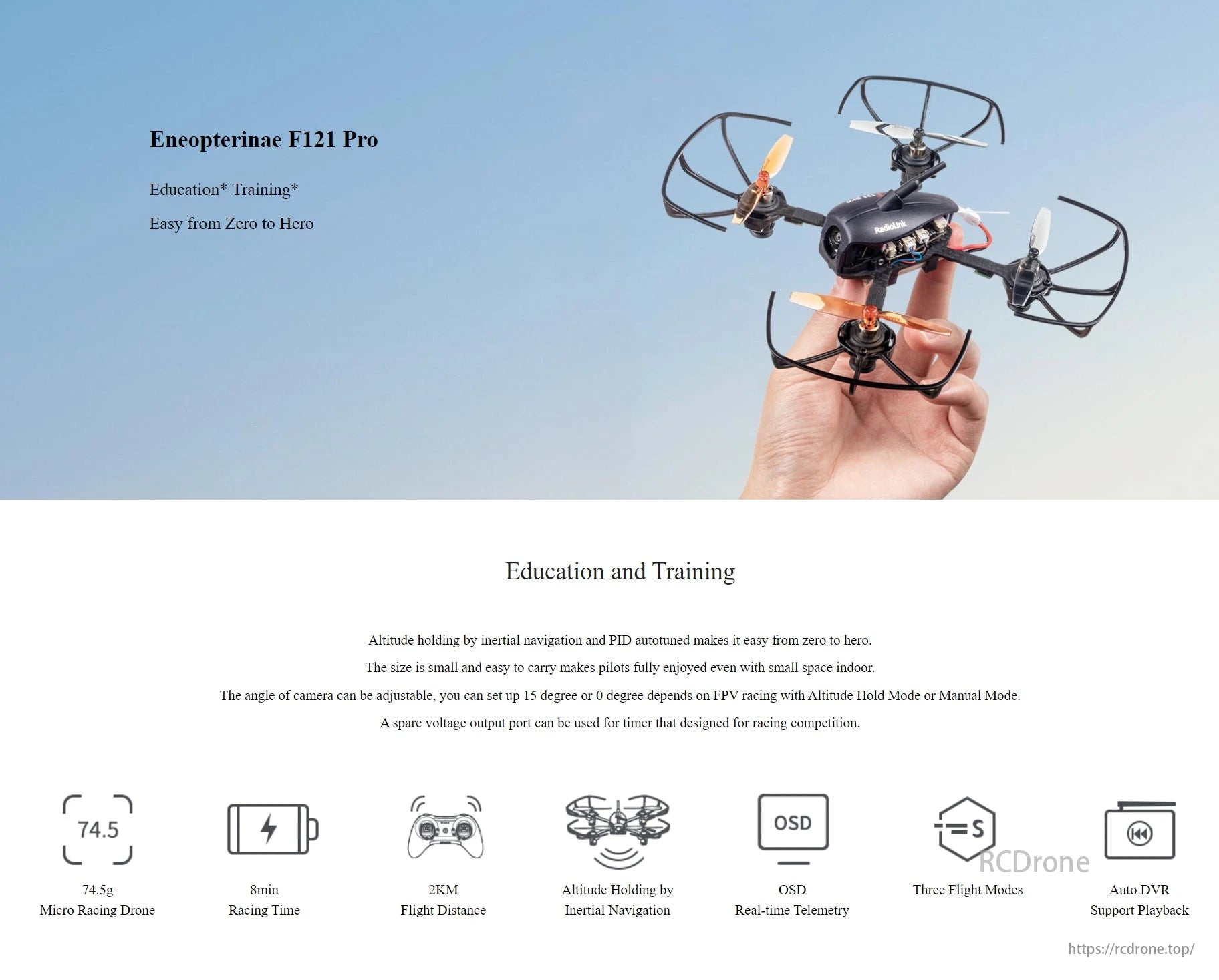 RadioLink F121 Pro 2km FPV Racing Drone features altitude holding, adjustable camera angle, and real-time telemetry support.