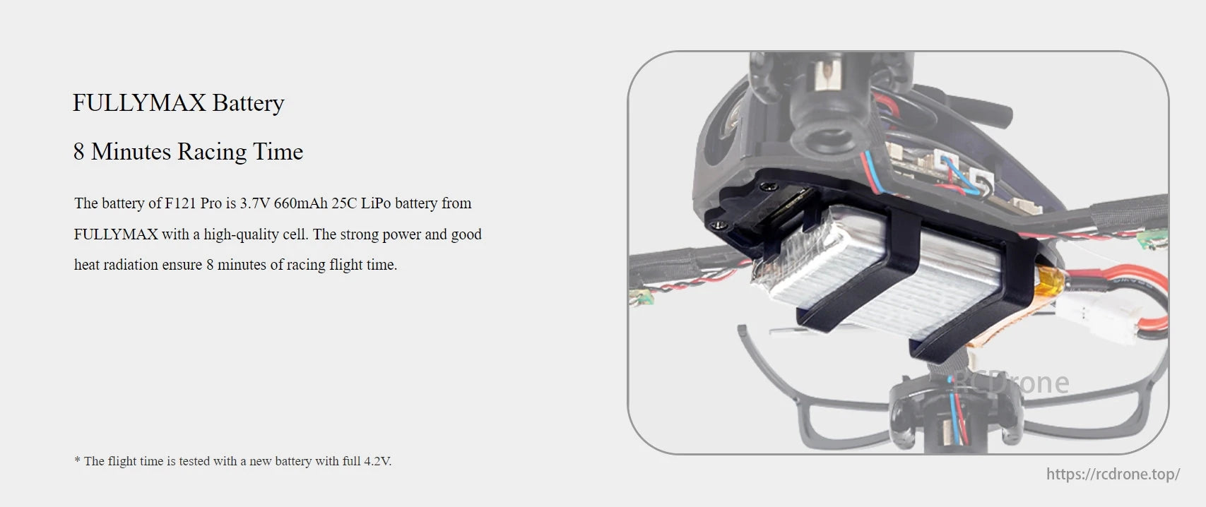 RadioLink F121 Pro 2KM FPV Racing Drone, FULLYMAX 3.7V 660mAh 25C LiPo battery provides 8 minutes of racing flight time, strong power, and good heat dissipation for RadioLink F121 Pro drone.