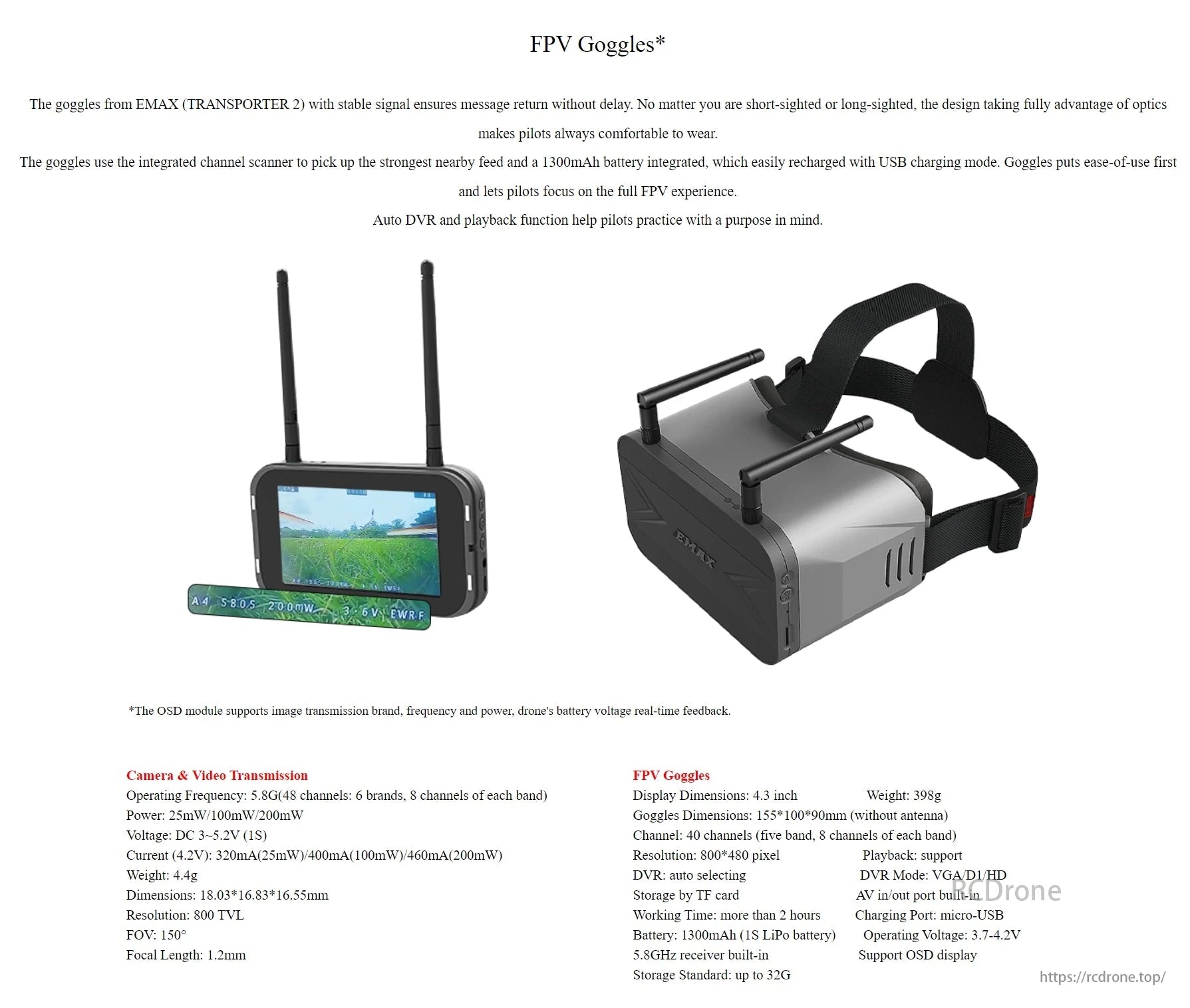 RadioLink F121 Pro 2KM FPV Racing Drone, EMAX TRANSPORTER 2 FPV Goggles offer stable signal, comfort, 1300mAh battery, auto DVR, playback, real-time feedback, and up to 32GB storage for seamless FPV flying.