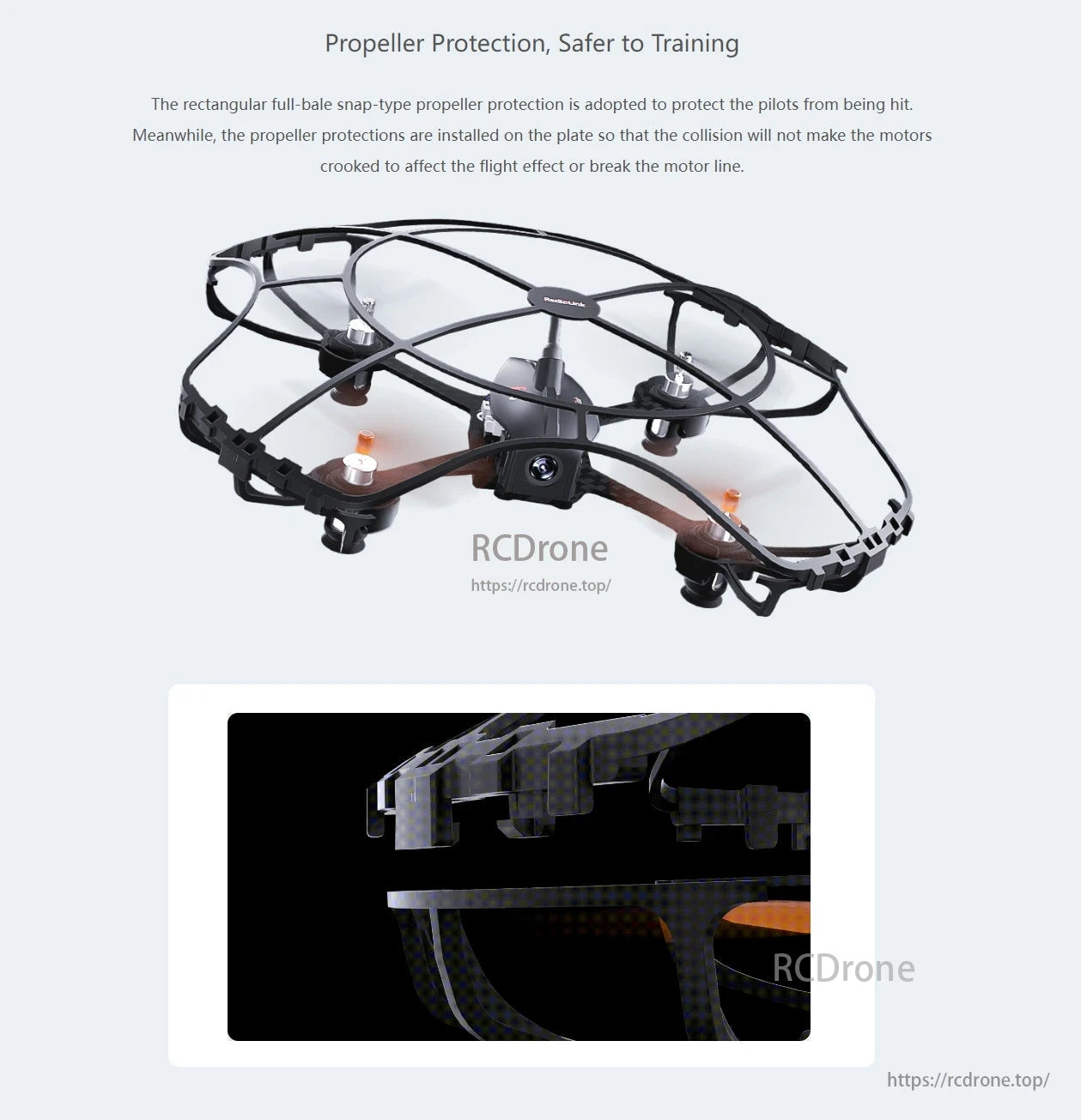 RadioLink F125 Micro FPV Racing Drone, Propeller protection with a rectangular full-bale snap design enhances safety during training, preventing collisions from affecting flight or damaging the motor.