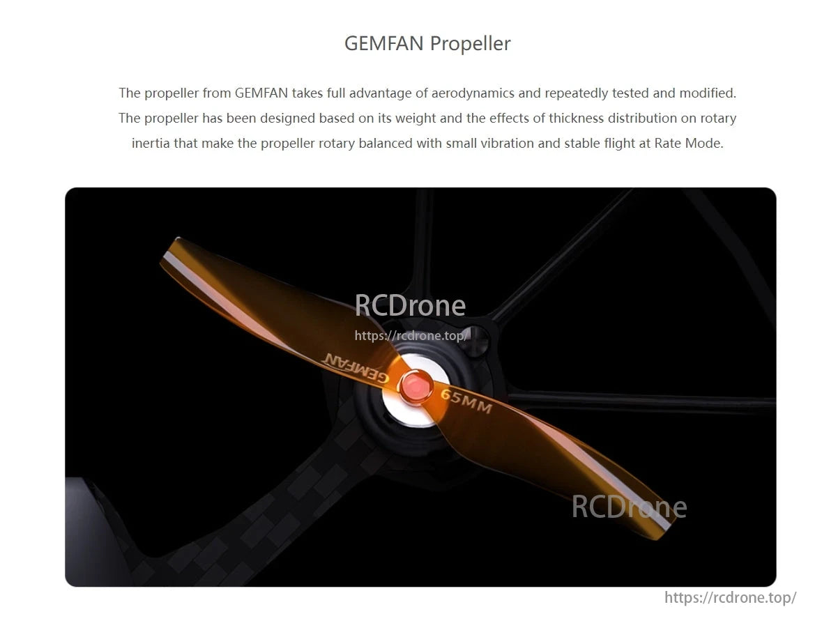 RadioLink F125 Micro FPV Racing Drone, GEMFAN Propeller ensures stable Rate Mode flight with aerodynamic design, balance testing, vibration reduction, and optimized 65mm blades.