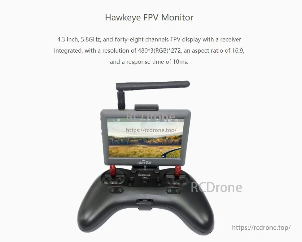 RadioLink F125 Micro FPV Racing Drone, The Hawkeye FPV monitor features a 4.3-inch screen, 5.8GHz frequency, 48 channels, integrated receiver, 480x272 resolution, 16:9 aspect ratio, and 10ms response time.