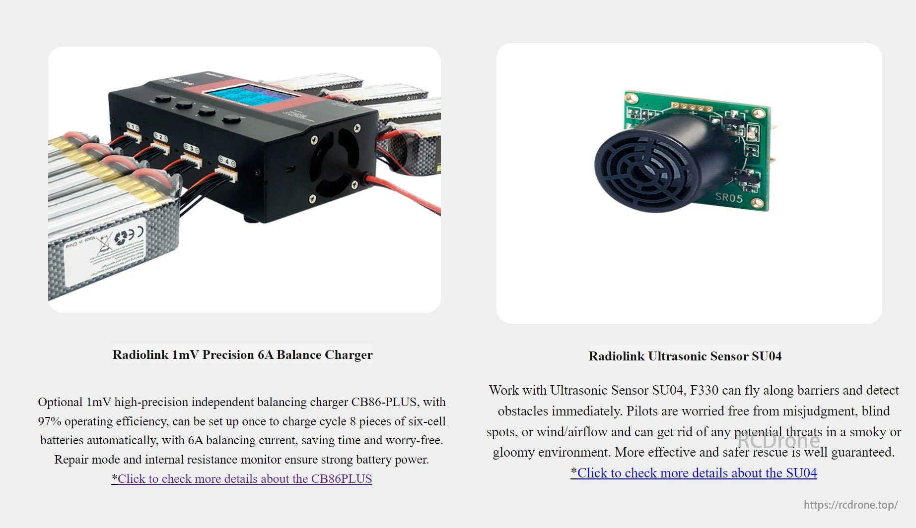 Radiolink F330 Quadcopter, The Radiolink charger ensures efficient battery charging, while the SU04 sensor improves obstacle detection for safer flight in challenging conditions.