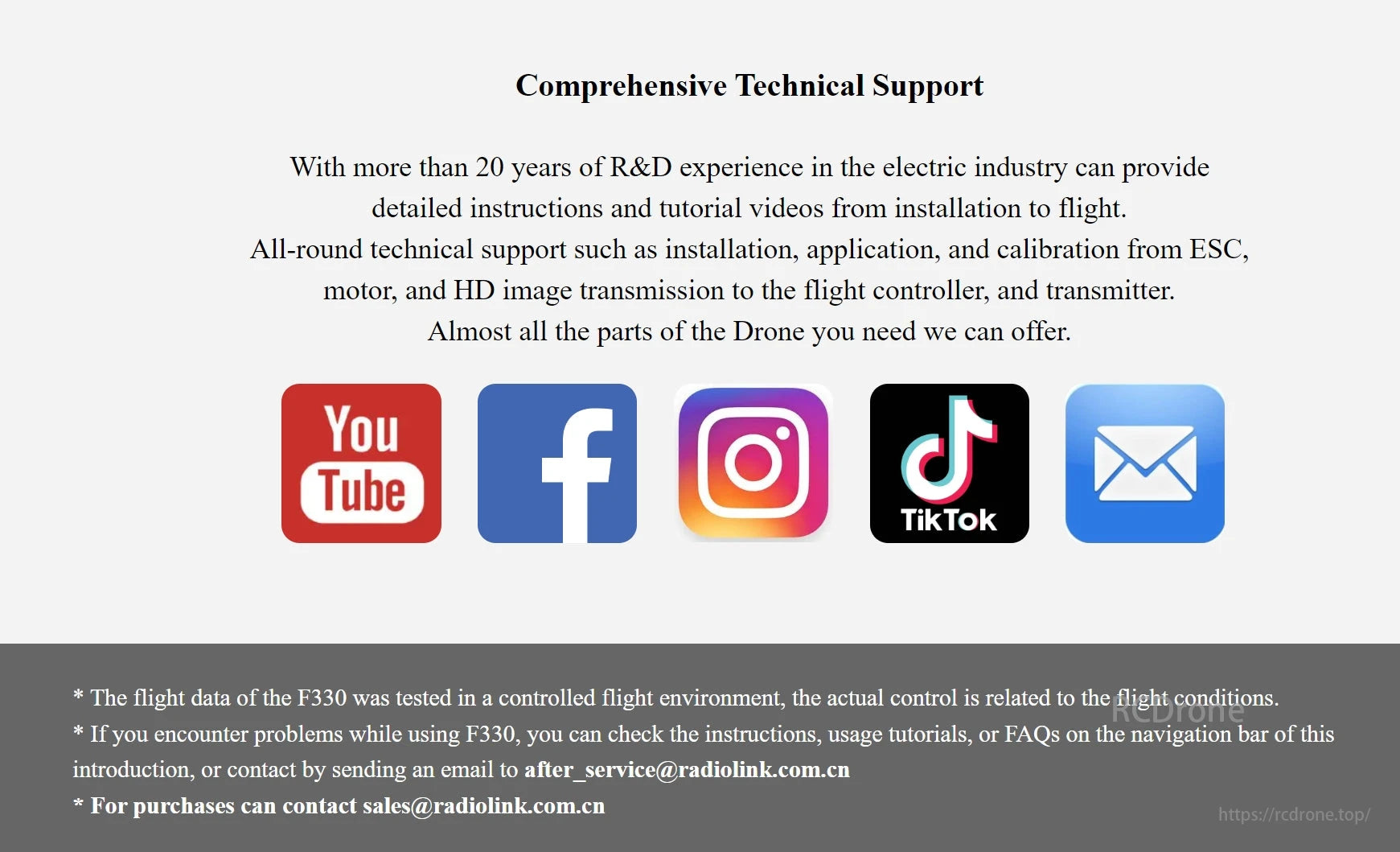 Radiolink F330 Quadcopter, Radiolink F330 offers full technical support with guides, tutorials, setup help, use, calibration, and HD transmission. Contact sales@radiolink.com.cn for purchases.
