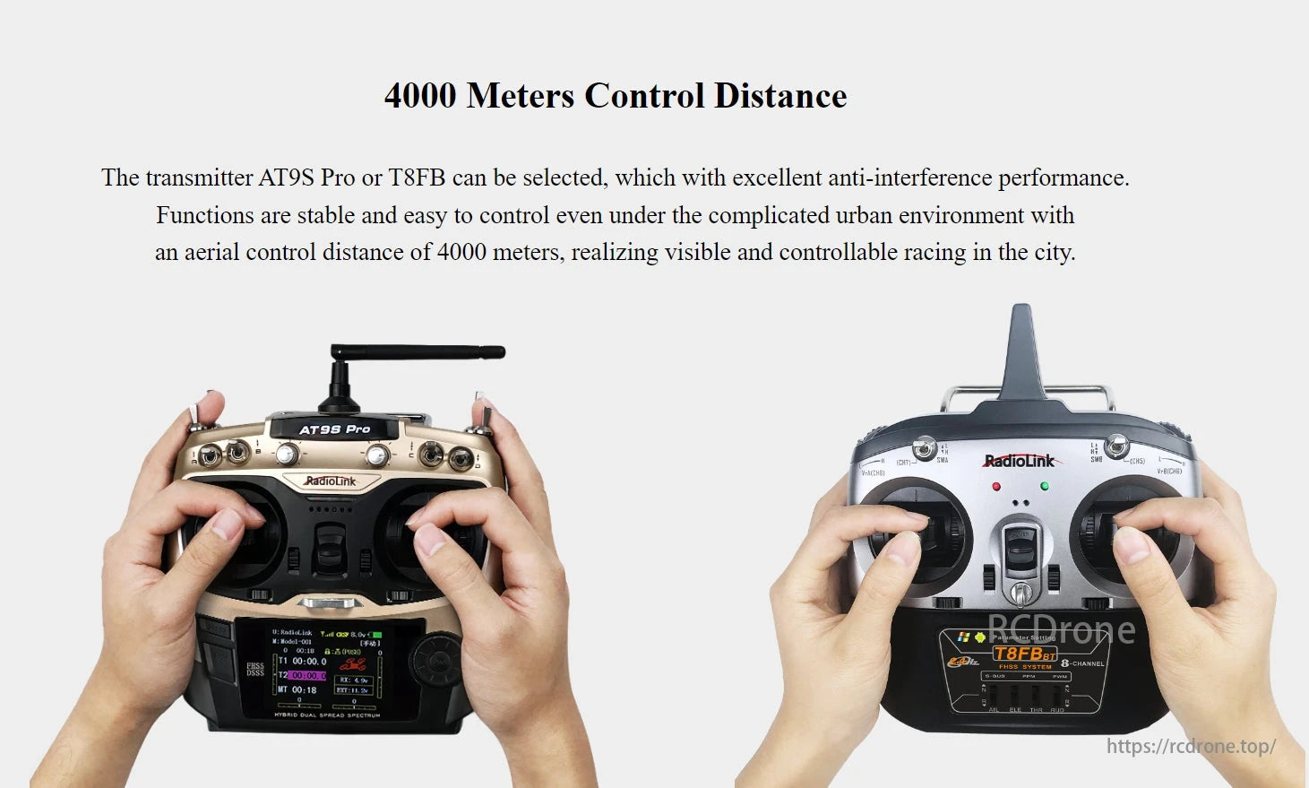 Radiolink F330 Quadcopter, The AT9S Pro or T8FB transmitter provides stable, interference-free control up to 4000 meters, perfect for smooth urban racing.