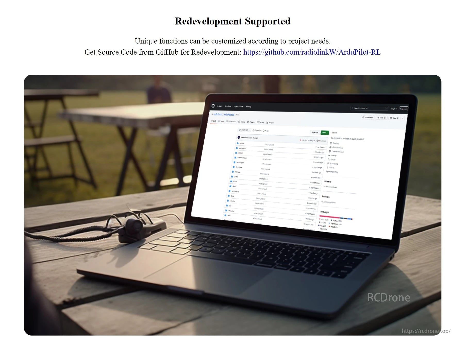 Radiolink F330 Quadcopter, The project provides customizable functions and is redevelopable, with its GitHub source code displayed on a laptop showing project details and language statistics.