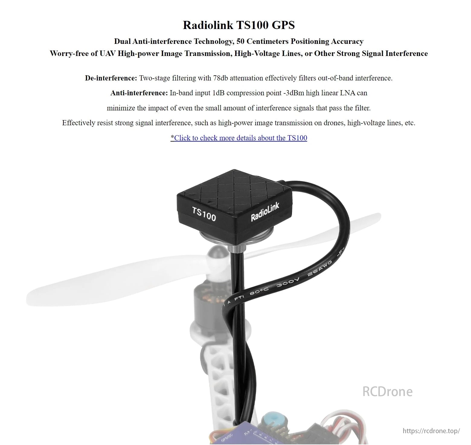 Radiolink F330 Quadcopter, Radiolink TS100 GPS features dual anti-interference tech, 50 cm accuracy, filters interference, ensures reliability in tough environments.