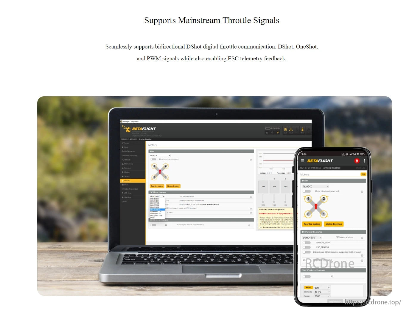 RadioLink F405 Flight Controller, Supports DShot, OneShot, PWM throttle signals; enables ESC telemetry; compatible with Betaflight for motor config on laptops/smartphones.