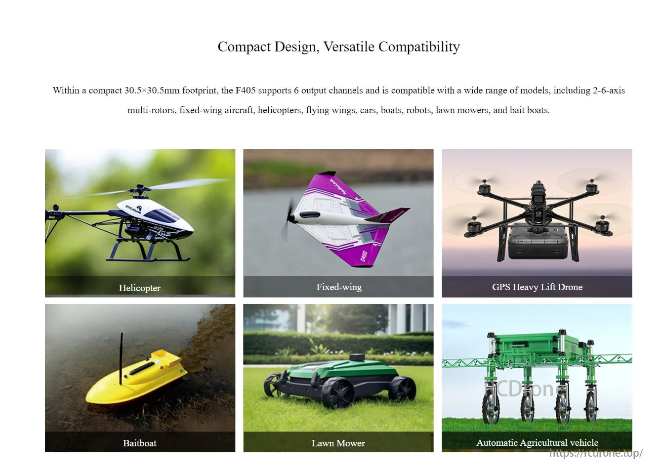 RadioLink F405 Flight Controller, F405 offers compact design and versatile compatibility with various vehicles like drones, boats, robots, and agricultural equipment.