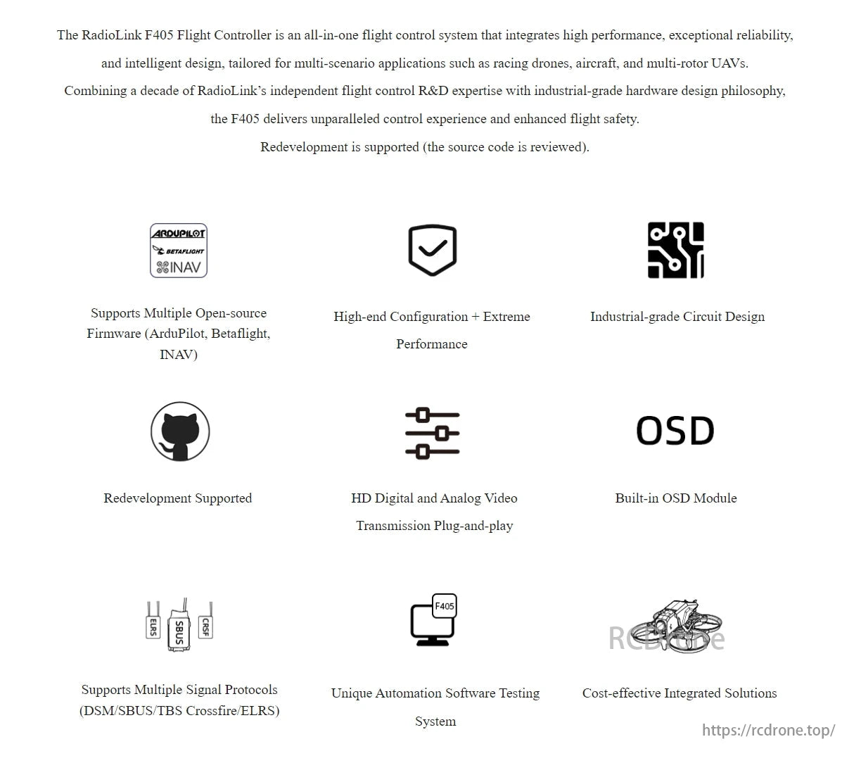 The RadioLink F405 Flight Controller offers high performance, reliability, and smart design for drones, supporting open-source firmware, multiple protocols, HD video, and OSD.