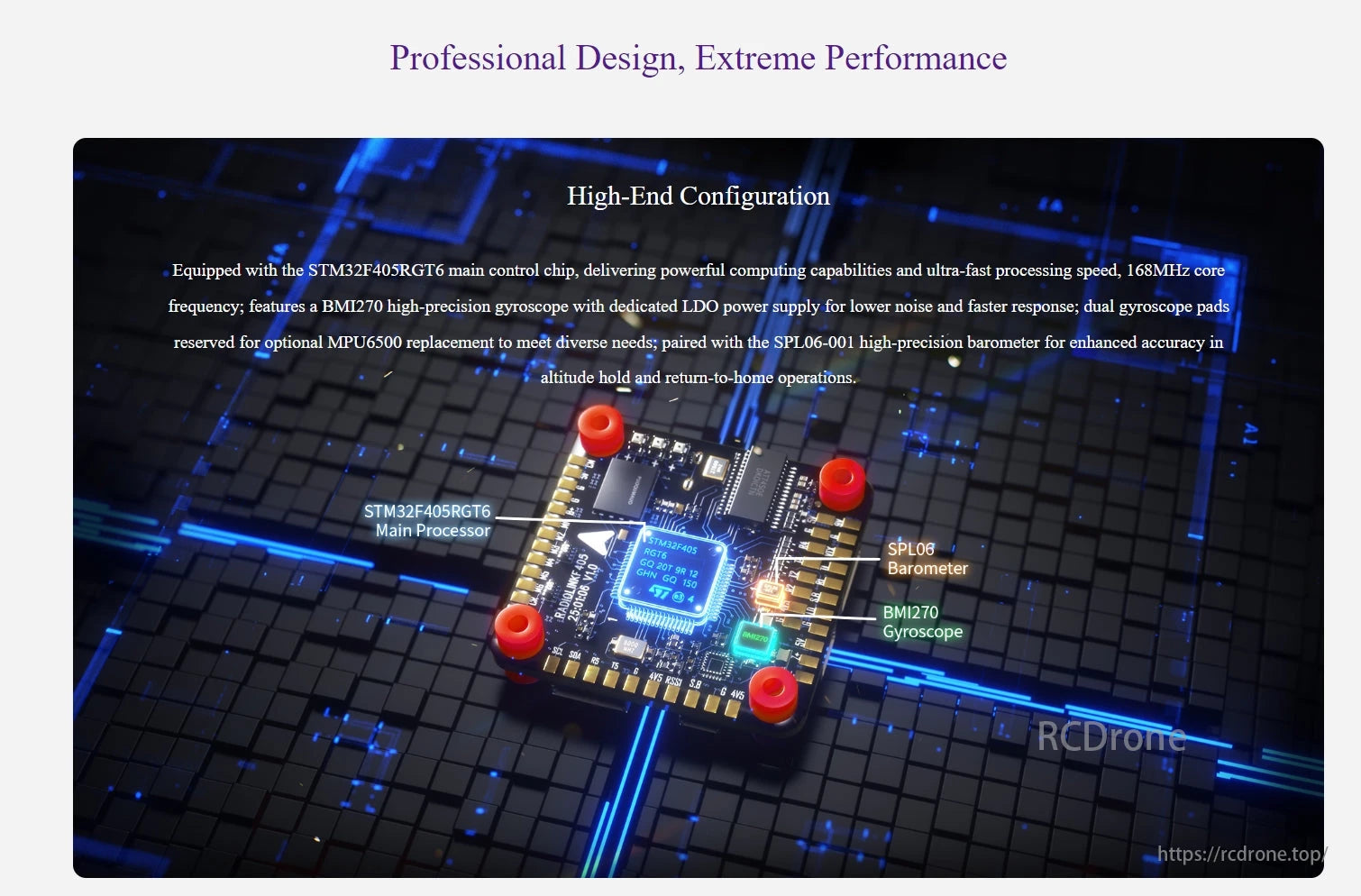 RadioLink F405 Flight Controller, Professional drone design with high-end specs: STM32F405RGT6 processor, BMI270 gyroscope, SPL06-001 barometer for precise altitude and stability.