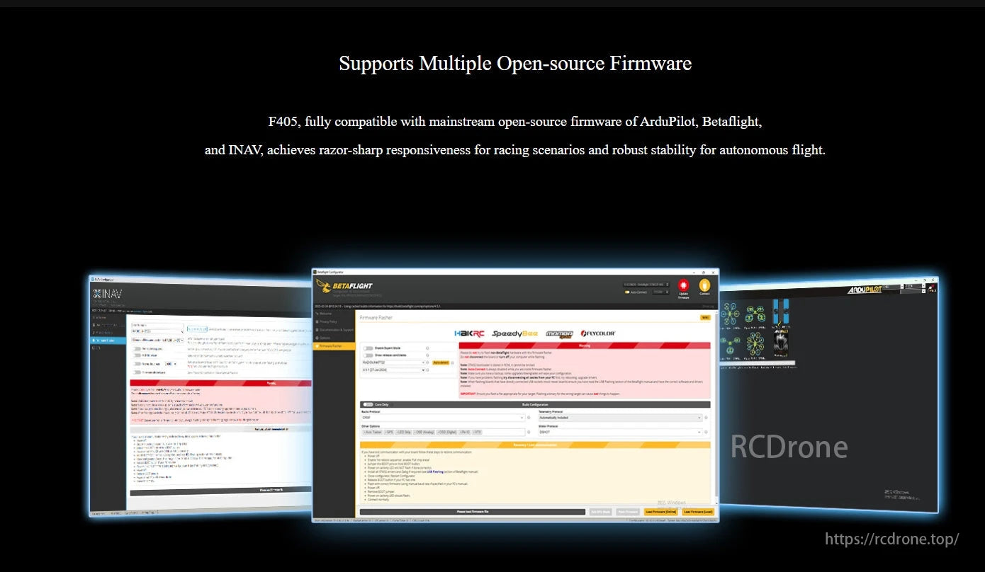RadioLink F405 Flight Controller, F405 supports ArduPilot, Betaflight, and INAV firmware, offering responsive racing performance and stable autonomous flight.