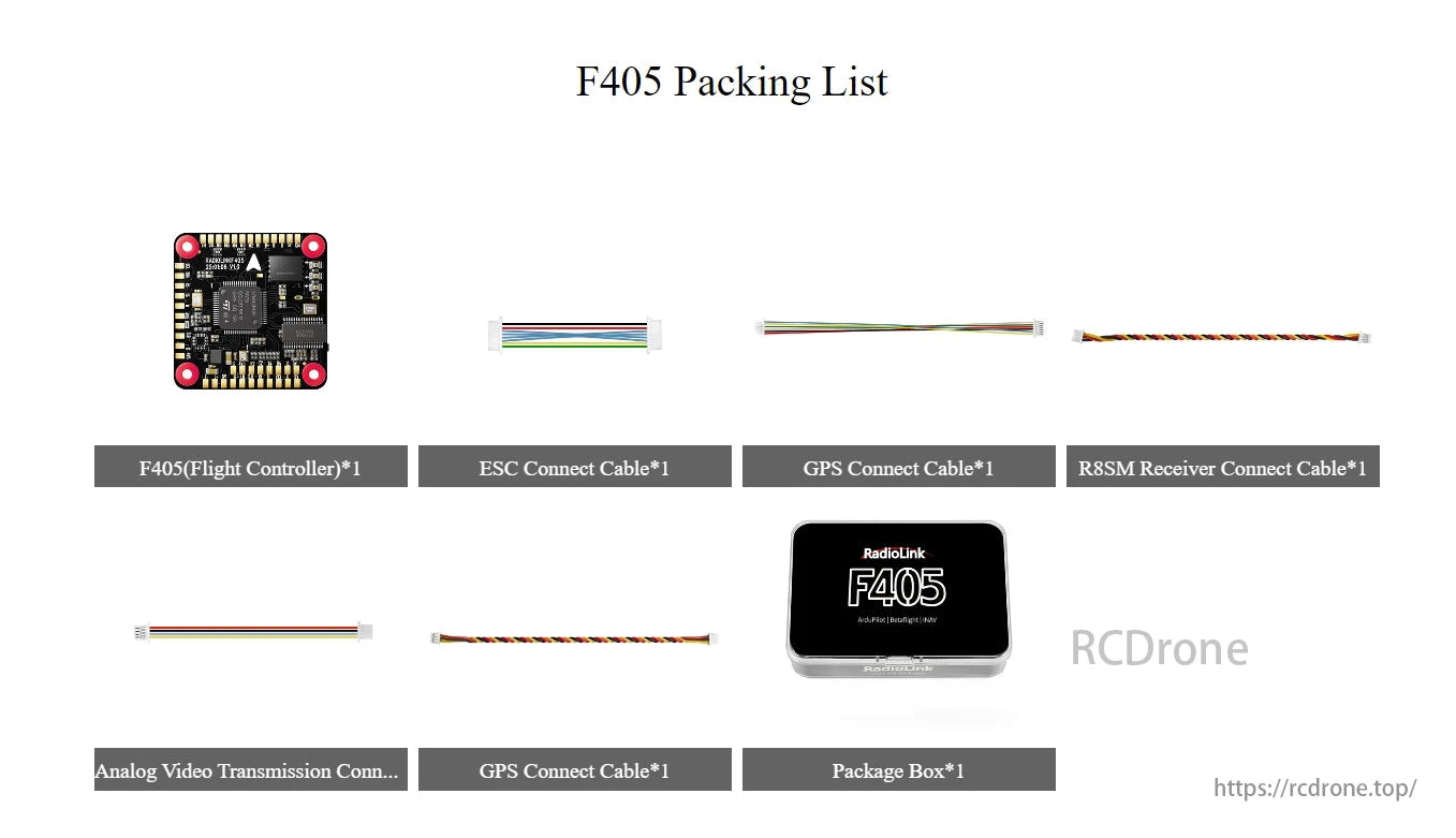 RadioLink F405 Flight Controller, F405 flight controller with ESC, GPS, R8SM receiver, analog video cables, and package box included.