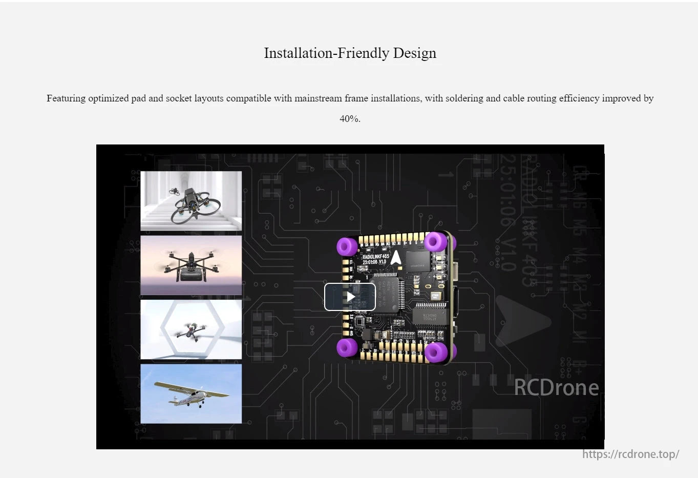 RadioLink F405 Flight Controller, User-friendly design with optimized pads and sockets for easy installation on popular frames, enhancing soldering and wiring efficiency by 40%.