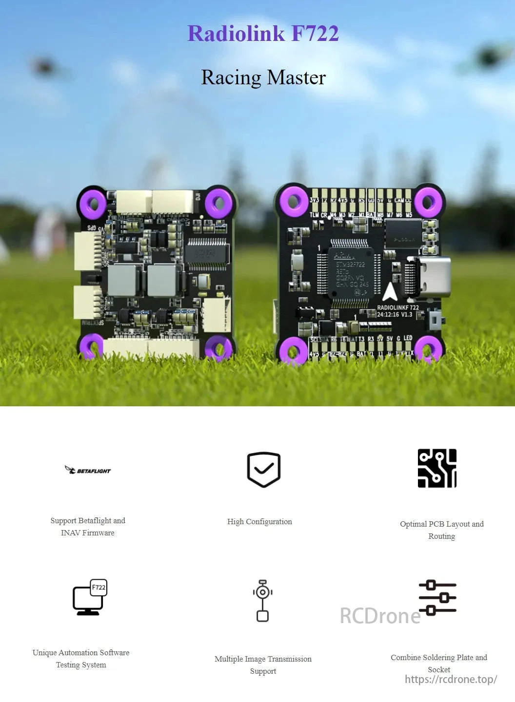 Radiolink F722 Flight Controller, The Radiolink F722 Racing Master flight controller supports Betaflight and INAV firmware, offers high configuration, optimal PCB layout, unique automation testing, multiple image transmission support, and combines a soldering plate with a socket.