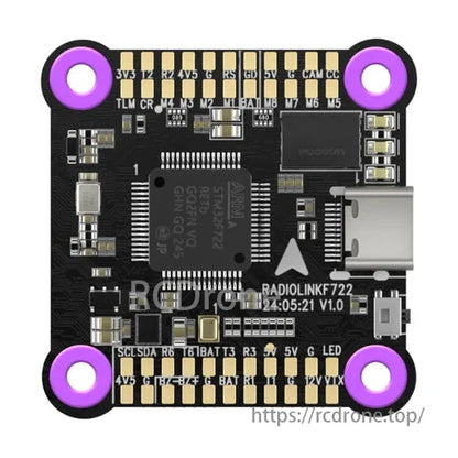 Radiolink F722 Flight Controller, The Radiolink F722 flight controller features a 32-bit STM32F722RET6 processor, 128MB Blackbox, 5 UARTs, HD/Analog VTX support, and a compact design with labeled ports.