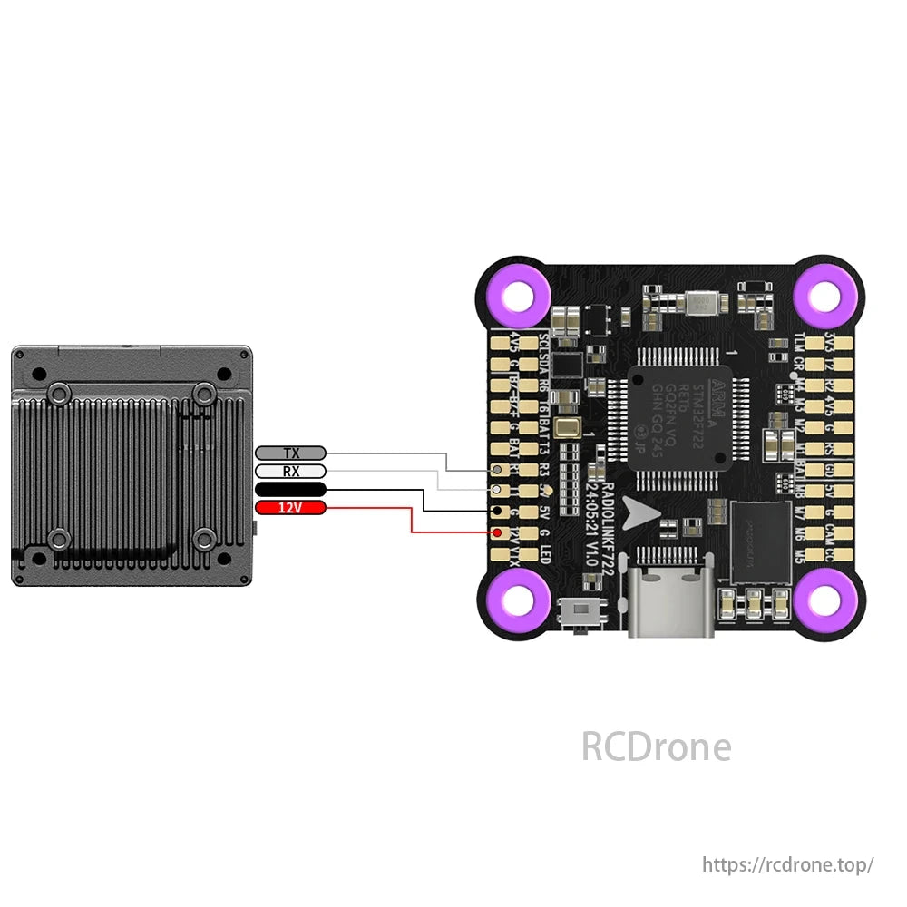 Radiolink F722 Flight Controller, Radiolink F722 flight controller features STM32F722RET6, 128MB Blackbox, 5 UARTs, HD/Analog VTX support, and connects to TX, RX, and 12V.