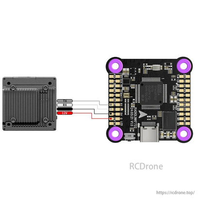 Radiolink F722 Flight Controller, Radiolink F722 flight controller features STM32F722RET6, 128MB Blackbox, 5 UARTs, HD/Analog VTX support, and connects to TX, RX, and 12V.
