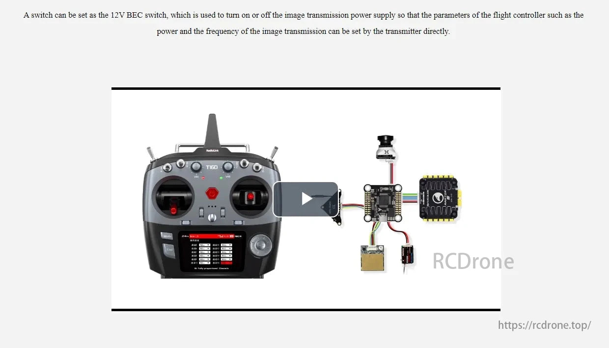 Radiolink F722 Flight Controller, F722 flight controller setup with T160 transmitter. Switch controls 12V BEC for image transmission power, adjustable via transmitter for optimal performance.