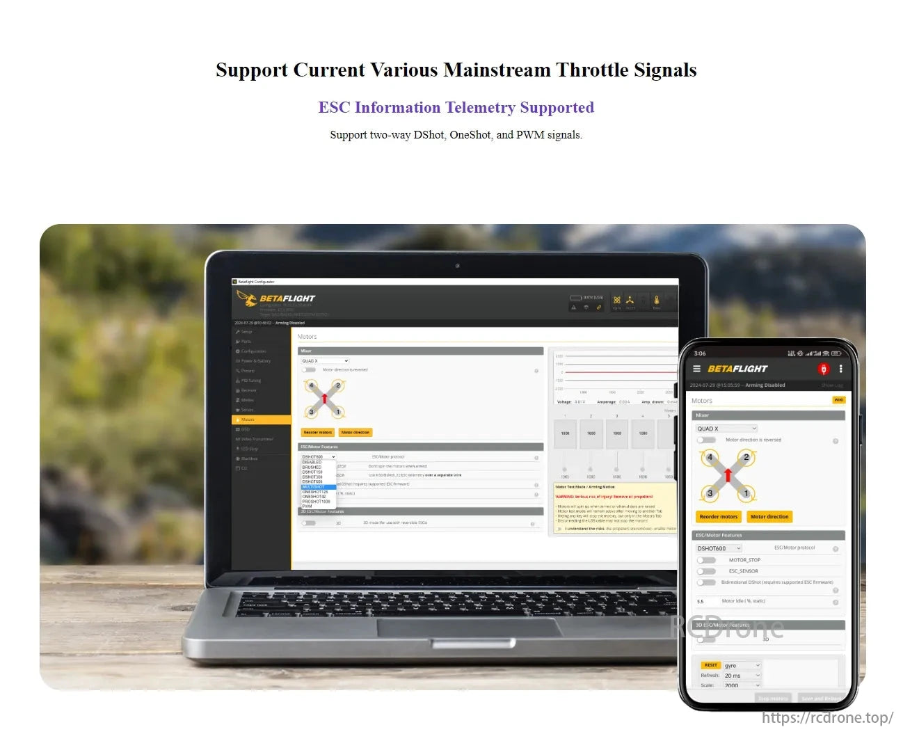 Radiolink F722 Flight Controller, Supports DShot, OneShot, PWM signals; ESC telemetry; adjustable motor control via laptop/smartphone.