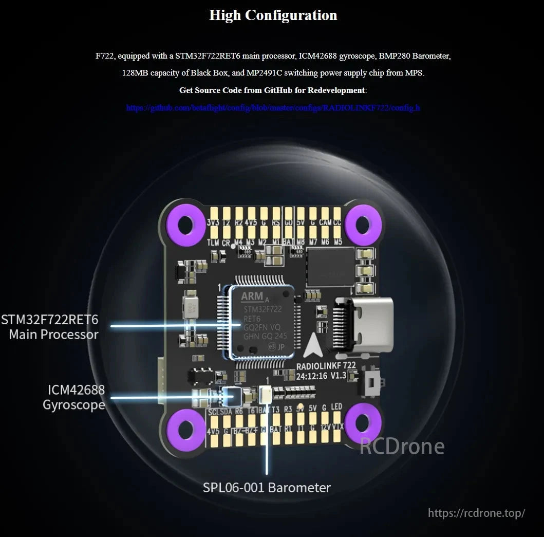 The Radiolink F722 flight controller features an STM32F722RET6 processor, ICM42688 gyroscope, SPL06-001 barometer, 128MB black box, MP2491C power chip, and open-source code on GitHub.