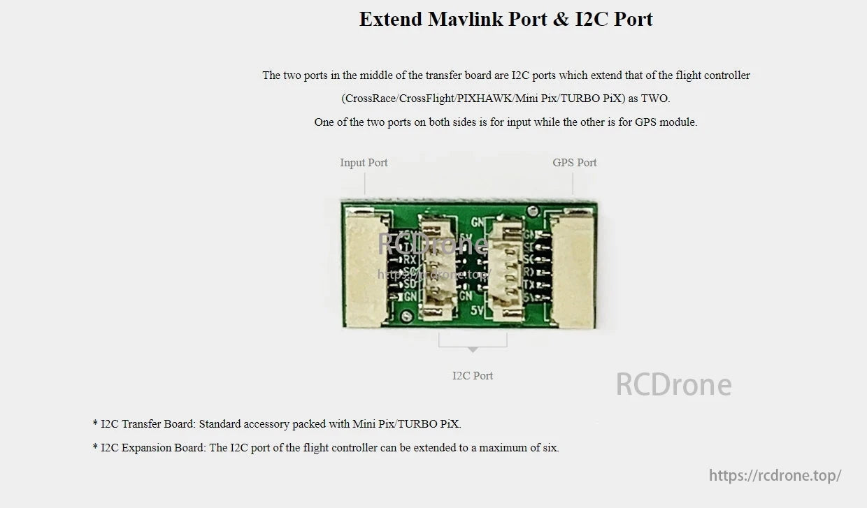 RadioLink I2C Expansion Board, Extends Mavlink and I2C ports; two middle I2C ports for flight controllers, one input, one GPS. Includes I2C transfer board, supports up to six ports.