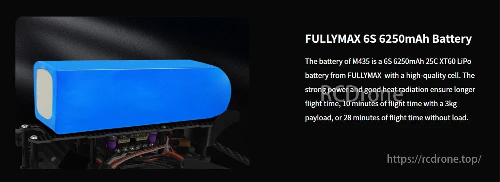 M435 Heavy Lift Drone, The FULLYMAX 6S 6250mAh battery powers the M435 drone, providing 10 minutes of flight with a 3kg payload or 28 minutes without load. It features high-quality cells for strong power and efficient heat dissipation.