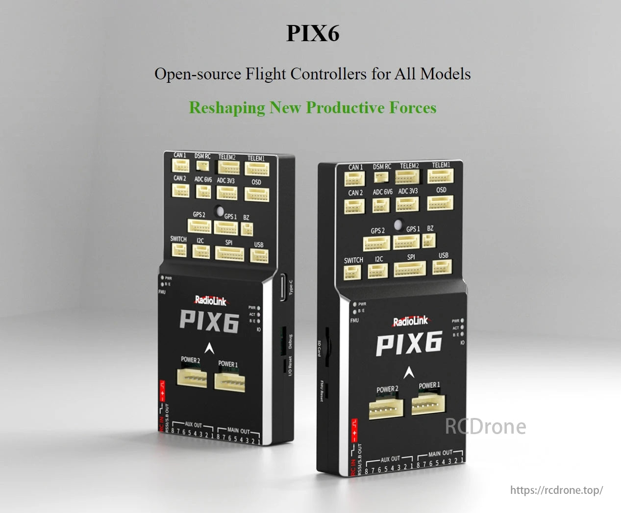 RadioLink PIX6 Open-source Flight Controller, Open-source flight controllers with advanced features like CAN, DSM RC, telemetry, GPS, and more, enhancing drone productivity across models.
