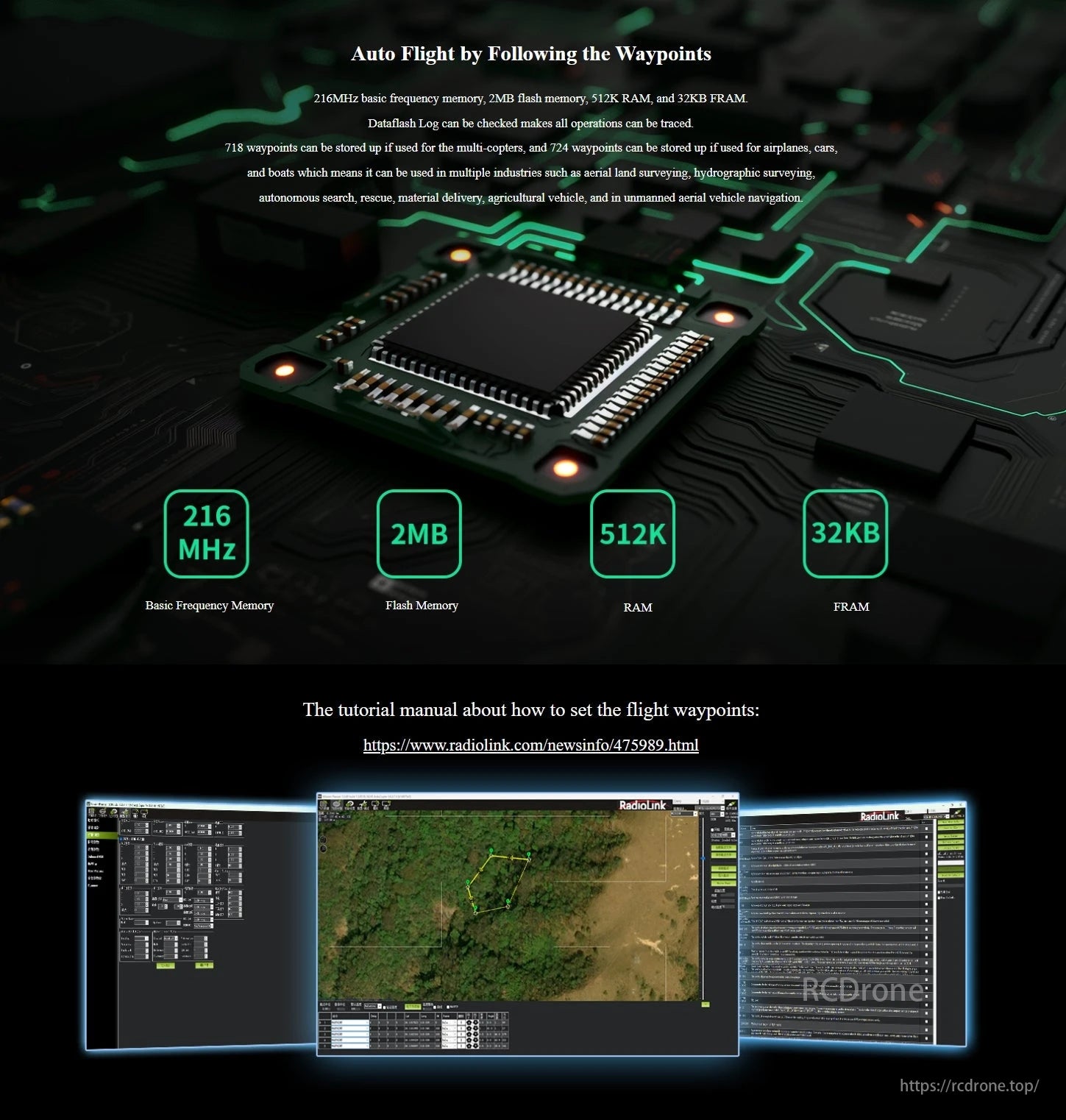 RadioLink PIX6 Open-source Flight Controller, PIX6 features 216MHz frequency, 2MB flash memory, and 512K RAM, suitable for various industries like aerial surveying and autonomous navigation.