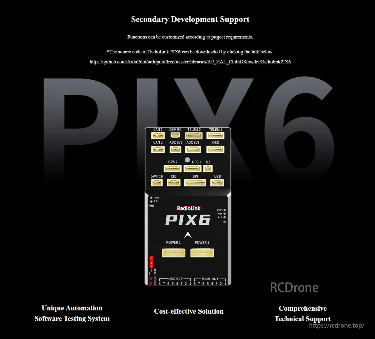 RadioLink PIX6 Open-source Flight Controller, The RadioLink PIX6 flight controller provides customizable functions, open-source code, automation testing, cost-effective solutions, and technical support. It features CAN, DSM RC, telemetry ports, GPS, and power inputs.