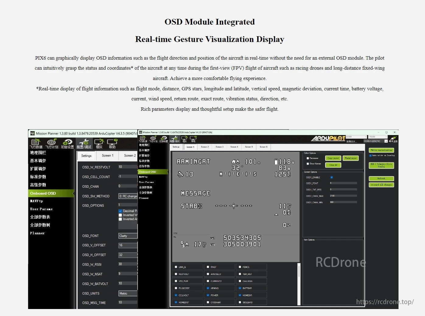 RadioLink PIX6 Open-source Flight Controller, The PIX6 flight controller features integrated OSD for real-time gesture visualization, displaying flight data like direction, GPS, and battery status to enhance the FPV experience.