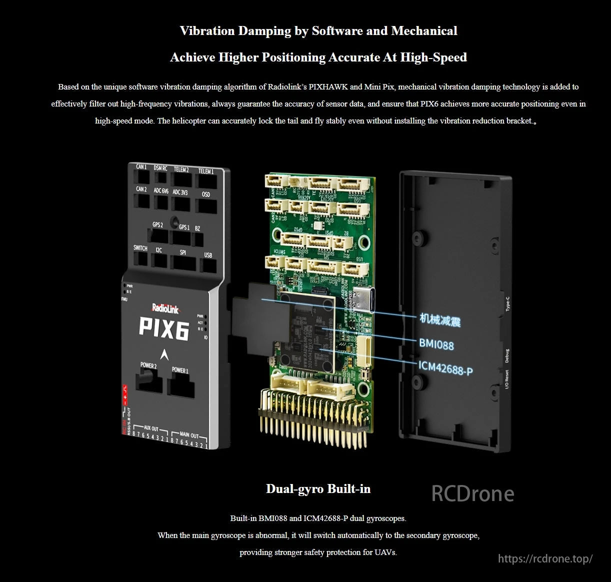 RadioLink PIX6 Open-source Flight Controller, The RadioLink PIX6 flight controller uses software and mechanical damping for accuracy, with dual-gyro safety and automatic switching for UAVs.