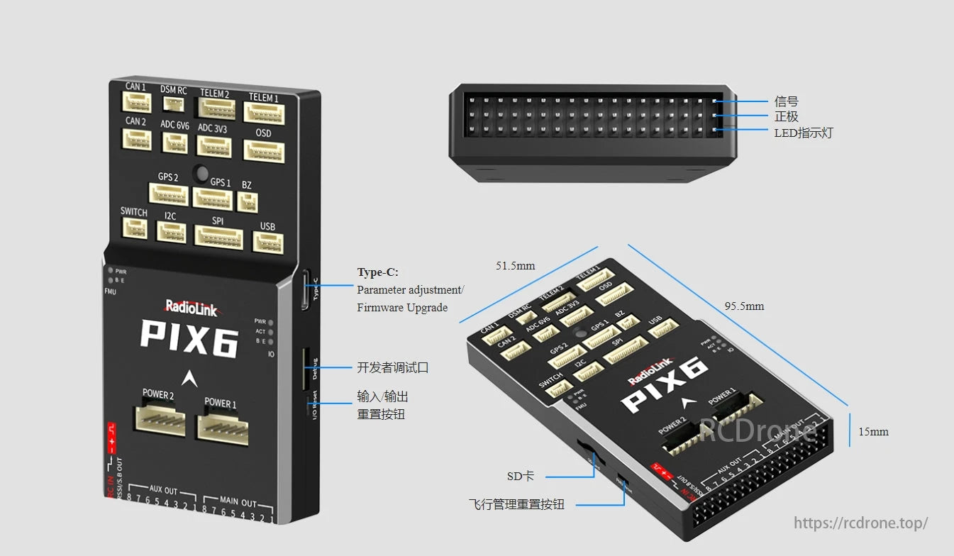 RadioLink PIX6 Open-source Flight Controller, Flight controller featuring Type-C, SD card slot, CAN, GPS, USB ports; dimensions 95.5mm x 51.5mm x 15mm.