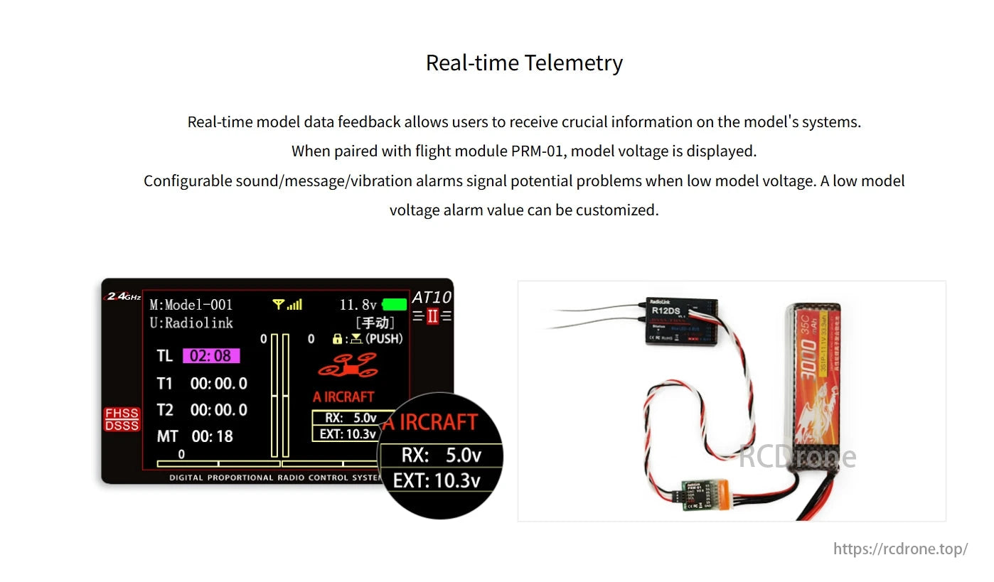 RadioLink PRM-01 Voltage Telem, Real-time telemetry with PRM-01 displays voltage, offers configurable low-voltage alarms for improved monitoring and safety.