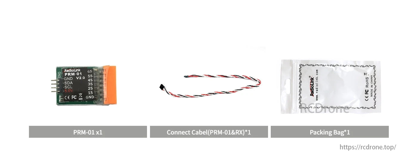 The RadioLink PRM-01 Voltage Telem includes one PRM-01 unit, one connection cable, and one packing bag.