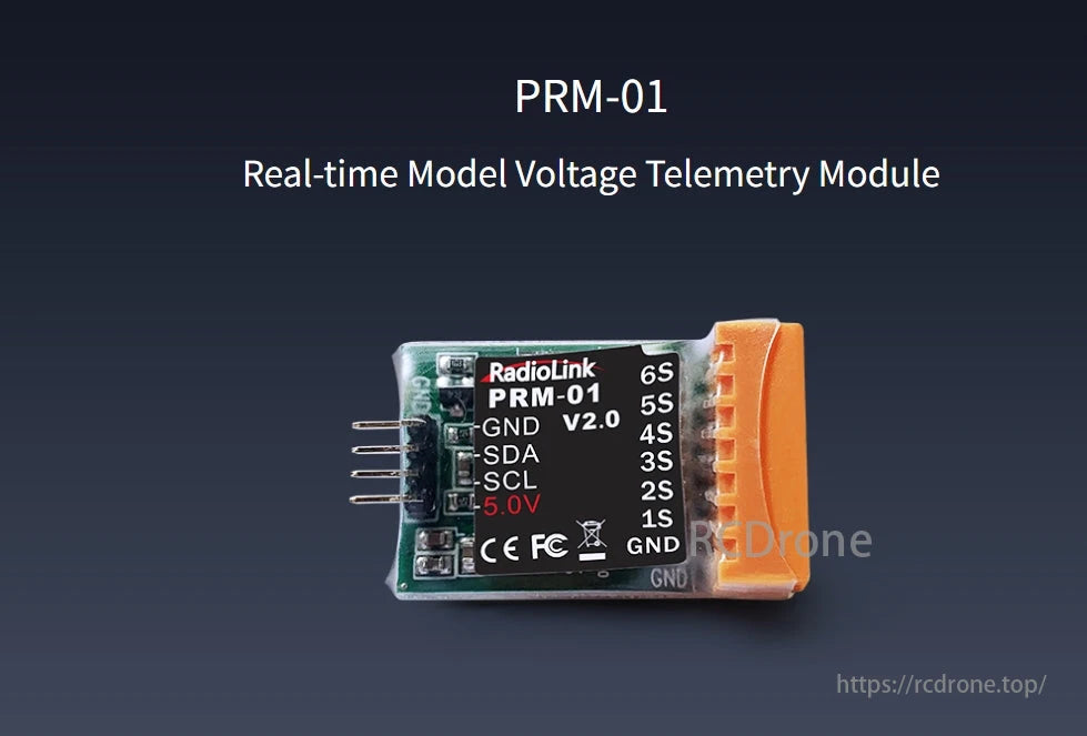 RadioLink PRM-01 Voltage Telem, RadioLink PRM-01 V2.0 telemetry module supports 1S-6S batteries, provides real-time voltage monitoring with 5.0V output.