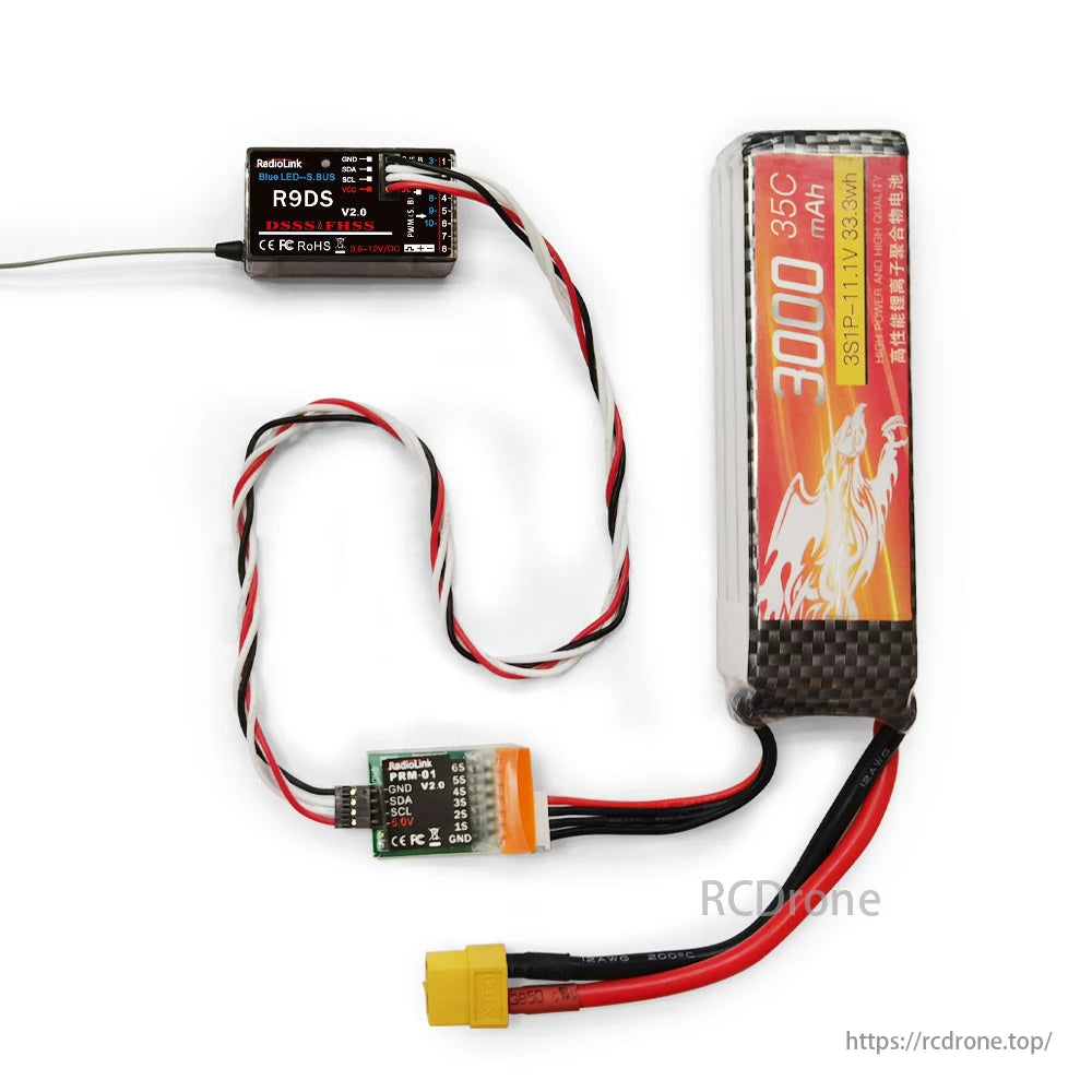 RadioLink PRM-01 Real-time Model Voltage Telemetry, RadioLink PRM-01 voltage telemetry module for 1S-6S LiPo, compatible with AT10II/AT9S, includes R9DS receiver and 3000mAh battery.